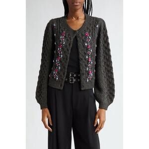 New Cinq à Sept Joelle Embellished Cable Stitch Cardigan Charcoal-Fuchsia Sz S